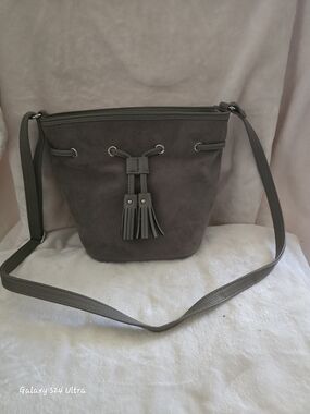 Gray Suede Tassel Bucket Crossbody Bag
